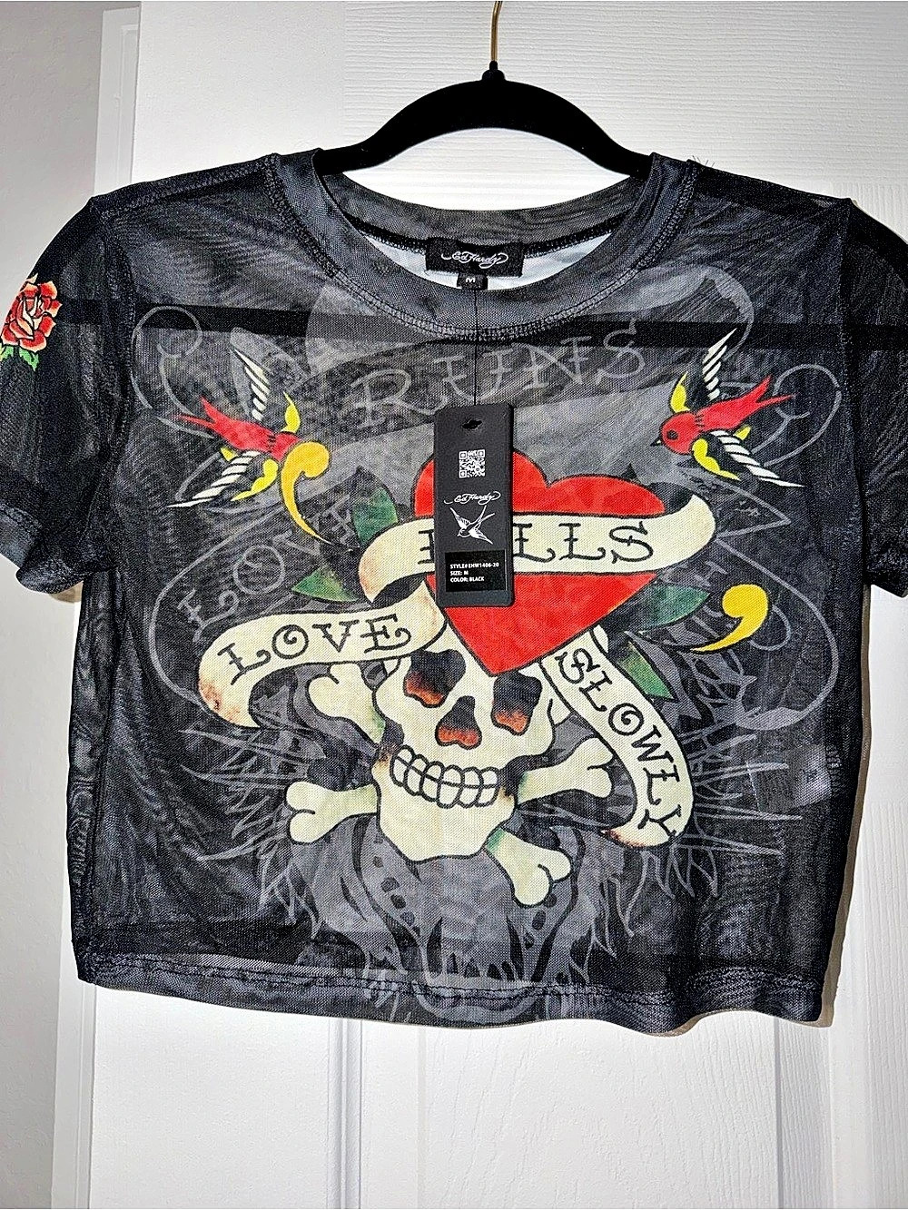 Ed Hardy Love Kills Slowly Skull Power Mesh Baby Tee Small Black